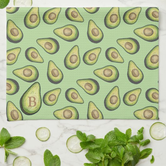 Avocado Illustrated Pattern Green Monogram Theedoek (Gevouwen)