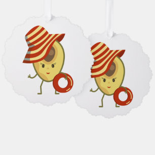 Avocado strandmeisje met zon-pet en zwemring ornament kaart