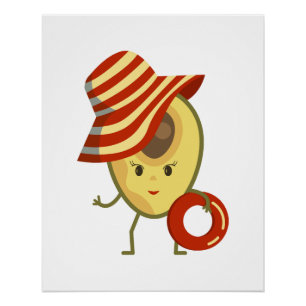 Avocado strandmeisje met zon-pet en zwemring perfect poster
