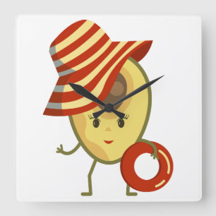 Avocadostrandmeisje met zonnehoed en zwemring vierkante klok