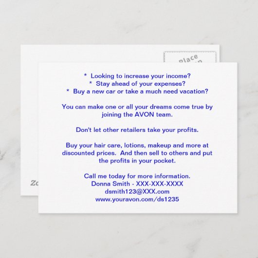 AVON recrutant la carte postale (Devant / Derrière)