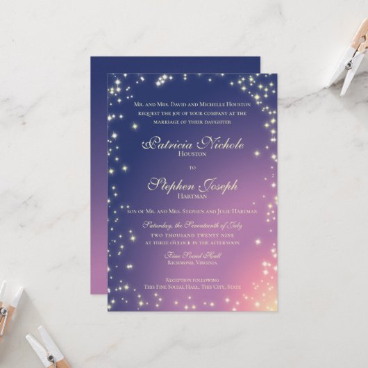Avond Stars Twinkle Sky Wedding Invitation Kaart (Voorkant / Achterkant in situ)