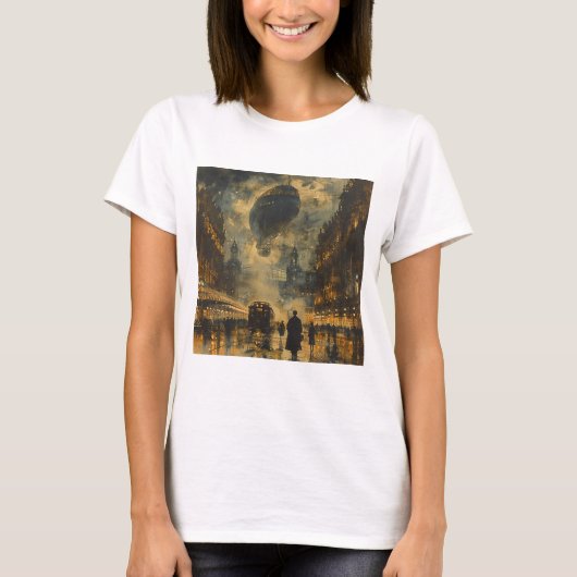 Avondaankomst - een steampunk straatbeeld t-shirt (Voorkant)