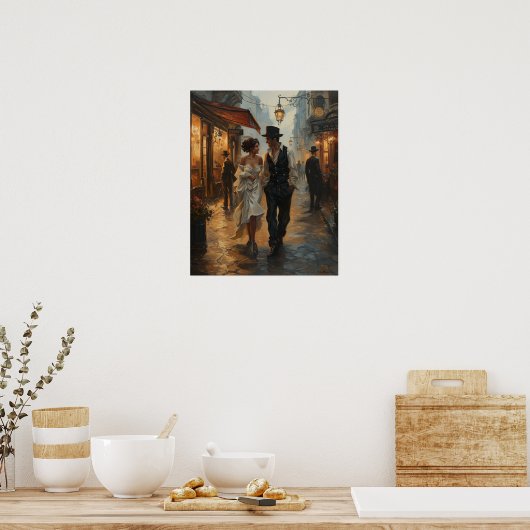 Avondgloed Steampunk Stroll Romantische Waterverf Poster (Keuken)