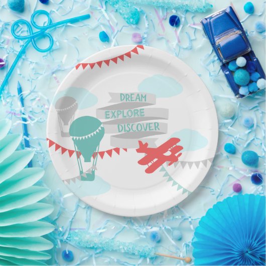 Avontuur Baby shower Vliegtuig en Ballon Papieren Bordje (Feest)