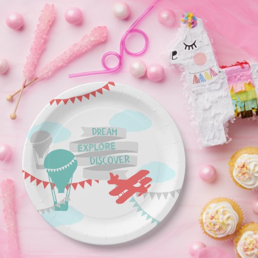Avontuur Baby shower Vliegtuig en Ballon Papieren Bordje (Feest)