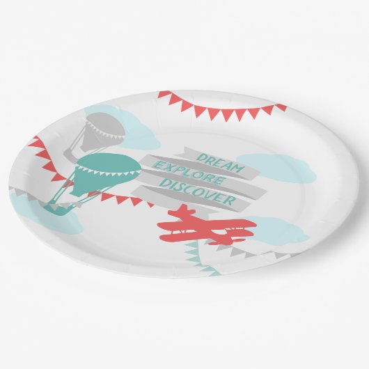 Avontuur Baby shower Vliegtuig en Ballon Papieren Bordje (Gekanteld)