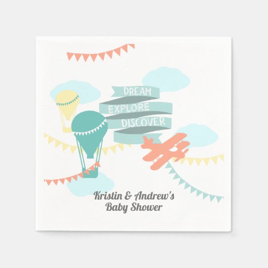 Avontuur Baby shower Vliegtuig en Ballon Servetten (Voorkant)
