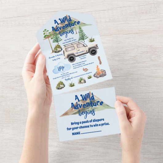 Avontuur Baby shower Waterverf Camper All In One Uitnodiging (Afscheurbaar)