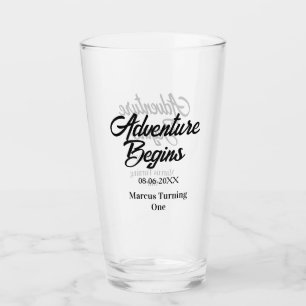 Avontuur begint 1e verjaardag naam datum eenvoudig glas