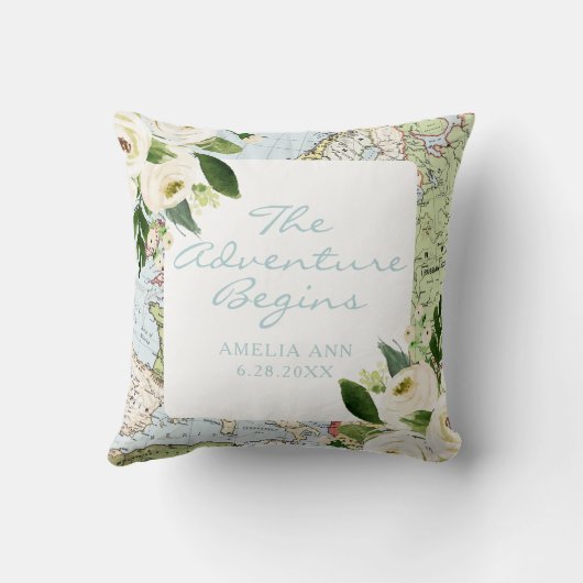 Avontuur Begint Baby Naam Datum Bloemrijke Kaart A Kussen (Achterkant)
