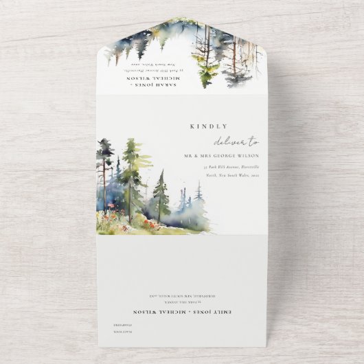 Avontuur begint dennenbos landschap bruiloft all in one uitnodiging (Buitenkant)