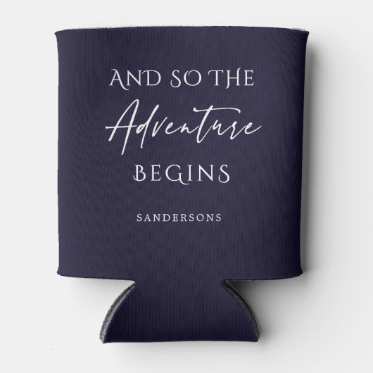 Avontuur begint donkerblauw gepersonaliseerd blikjeskoeler (Voorkant)