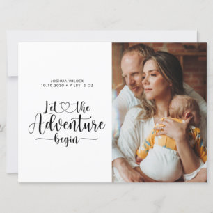 Avontuur begint nieuwe ouder en Baby foto geboorte Aankondiging