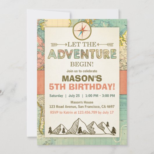 Avontuur begint Verjaardag uitnodiging Reiskaart (Voorkant)