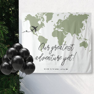 Avontuur begint Wereldkaart Baby shower Sage Green Wandkleed