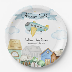 Avontuur wacht Aviator Vliegtuig Baby Shower Papieren Bordje