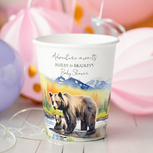 Avontuur wacht beer welp met moeder baby shower papieren bekers