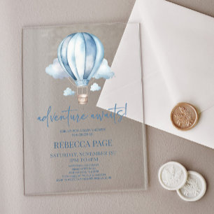 Avontuur wacht! Blauwe heteluchtballon Baby shower Acryl Uitnodigingen