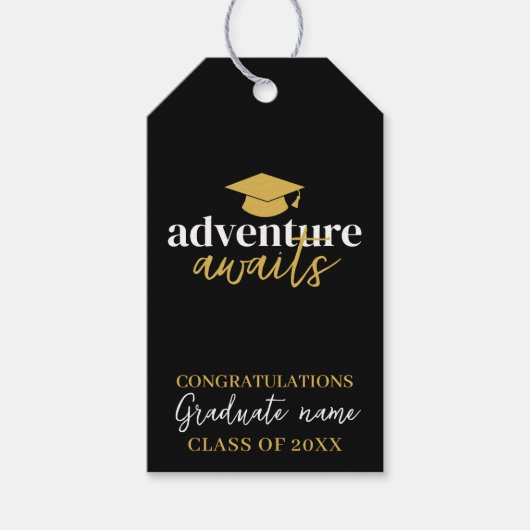 Avontuur wacht - Naam Pet Zwart Goud Afstuderen Cadeaulabel (Voorkant)