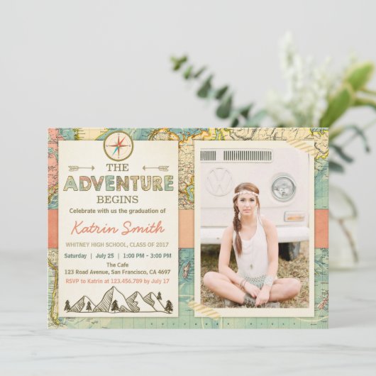 Avontuur wacht op Afstuderen uitnodiging Reiskaart (Staand voorkant)