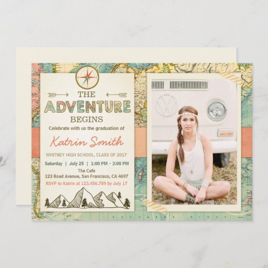 Avontuur wacht op Afstuderen uitnodiging Reiskaart (Voorkant / Achterkant)