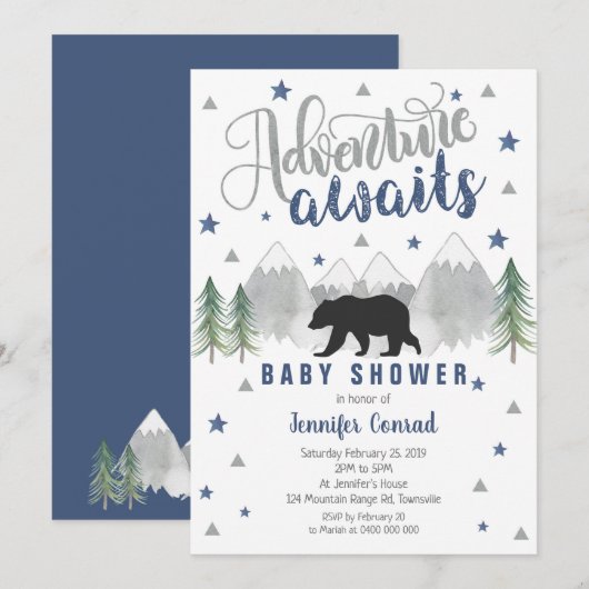 Avontuur wacht op Baby shower Invitation Navy Kaart (Voorkant / Achterkant)