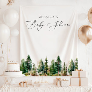 Avontuur wacht op bos dennenbomen baby shower wandkleed