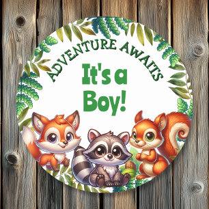 Avontuur wacht op het is een Boy Baby shower Ronde Sticker