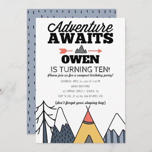 Avontuur wacht op modern Camp Out verjaardagsfeest Kaart (Voorkant / Achterkant)