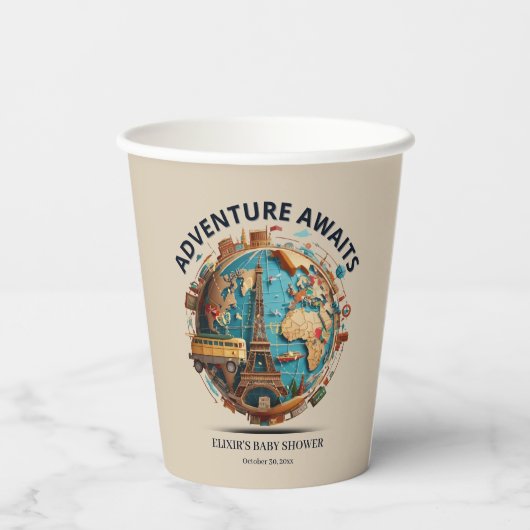Avontuur wacht op Modern Wereldbol Baby shower Pap Papieren Bekers (Achterkant)