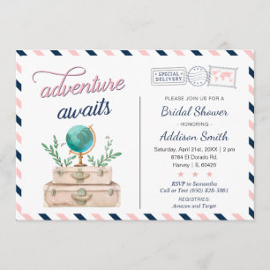 Avontuur wacht op Travel Bridal Shower Navy Pink Kaart