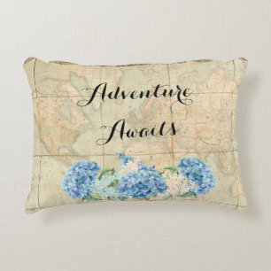 Avontuur wacht op vintage wereldkaart blauwe horte decoratief kussen
