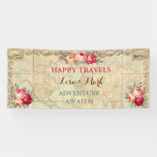 Avontuur wacht op vintage wereldkaart rozen banner