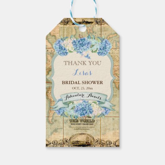 Avontuur wacht op  Wereldkaart Blue Hydrangeas Cadeaulabel (Voorkant)