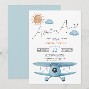 Avontuur wacht vliegtuig jongen baby shower kaart