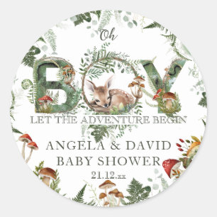 Avontuur Woodland Mushroom Fern Baby Jongen Douche Ronde Sticker