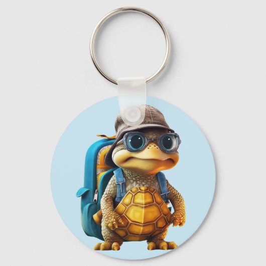 Avontuurlijk Leuke Kleine Schildpad met Rugzak, Sleutelhanger (Voorkant)