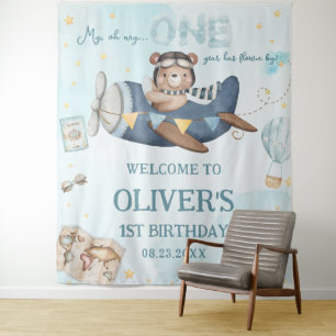 Avontuurlijke Cute Beer Blauwe Vliegtuig Jongen 1e Wandkleed