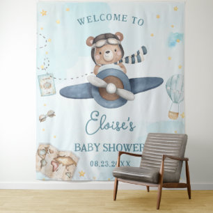 Avontuurlijke Cute Beer Blauwe Vliegtuig Jongen Ba Wandkleed