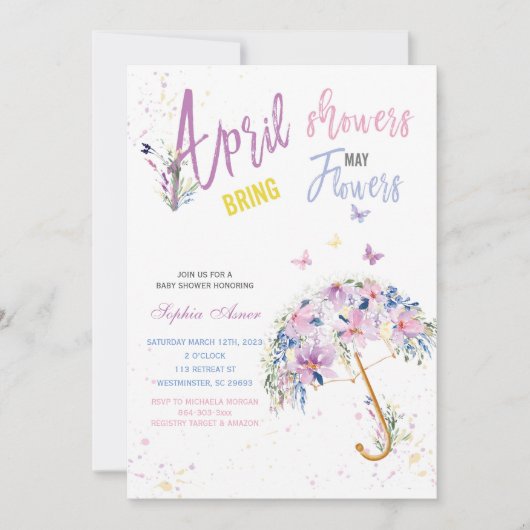Avril Douches Mai Fleurs Invitations (Devant)