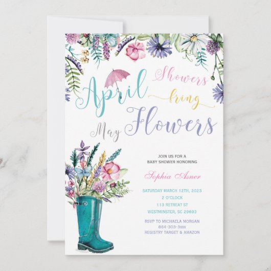 Avril Douches Mai Fleurs Invitations (Devant)