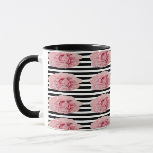 Avryl Fleur Pink Peony Black White Stripes Mug (Gauche)
