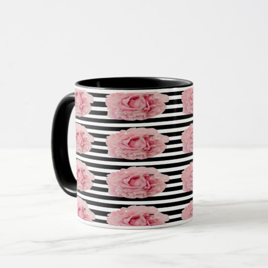 Avryl Fleur Pink Peony Black White Stripes Mug (Devant gauche)
