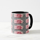Avryl Fleur Pink Peony Black White Stripes Mug (Devant droit)