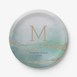 Awash Elegant Waterverf in Ocean Wedding Monogram Papieren Bordje