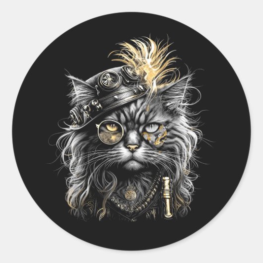 Awesome Steampunk Cat  Ronde Sticker (Voorkant)