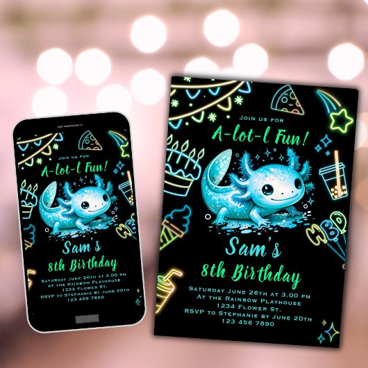Axolotl Anniversaire Invitation Neon Boy Axolotl