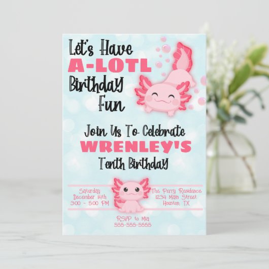 Axolotl Birthday Party Invitation roze Kaart (Staand voorkant)