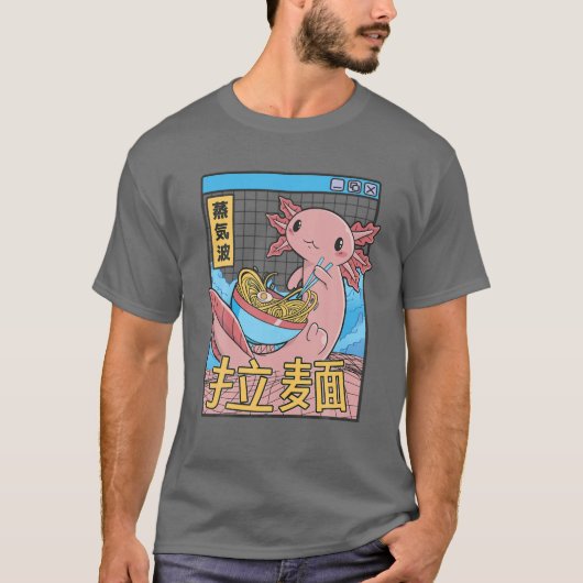 Axolotl Eating Ramen Japan Style 80S Otaku Vaporwa T-shirt (Voorkant)